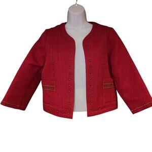 EUC‎ Harlowe & Graham Red Open Front Studded Blazer Jacket Size Large